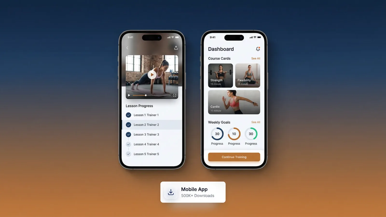 Mobile phone and tablet showing fitness course app with video player and lesson progress