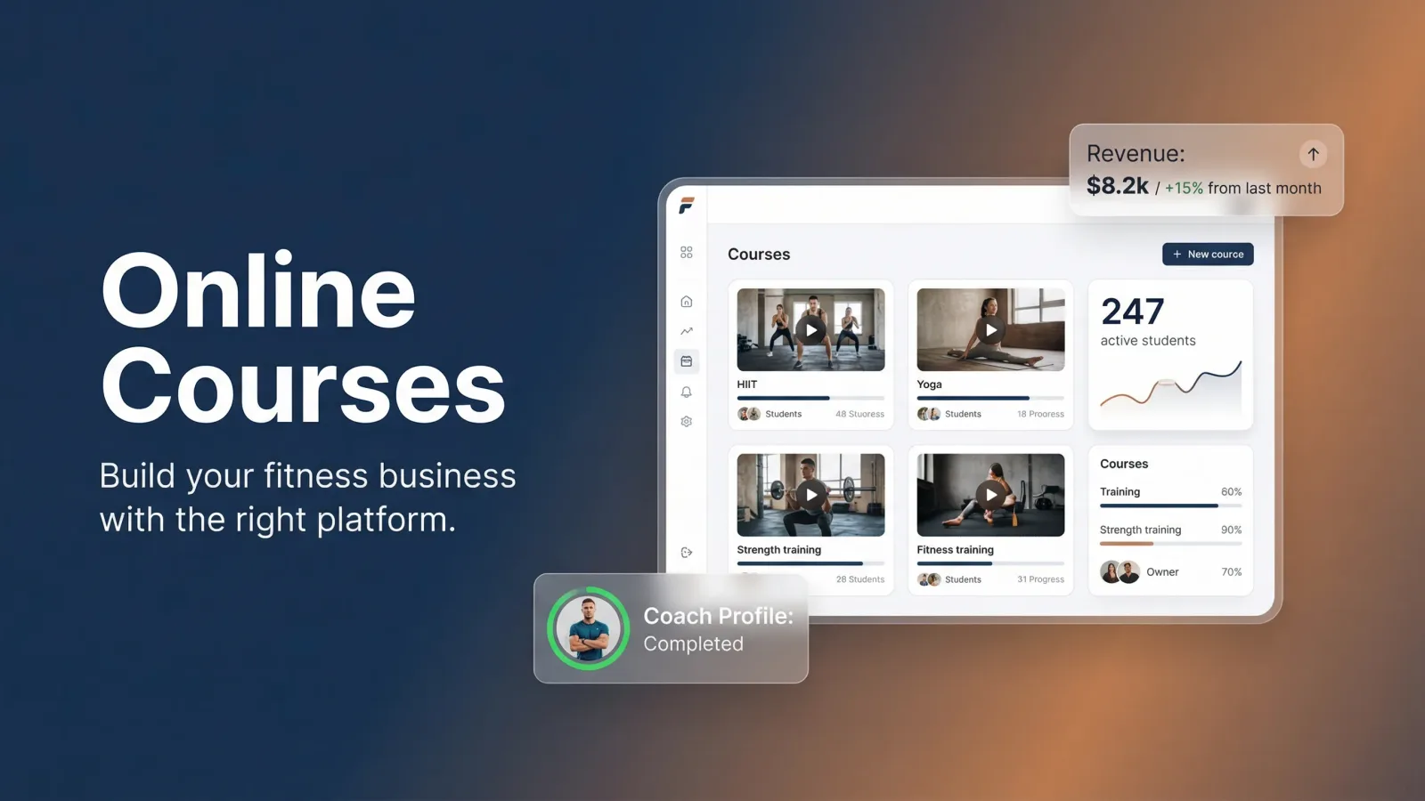 Fitness coaching platform dashboard showing course cards and progress tracking
