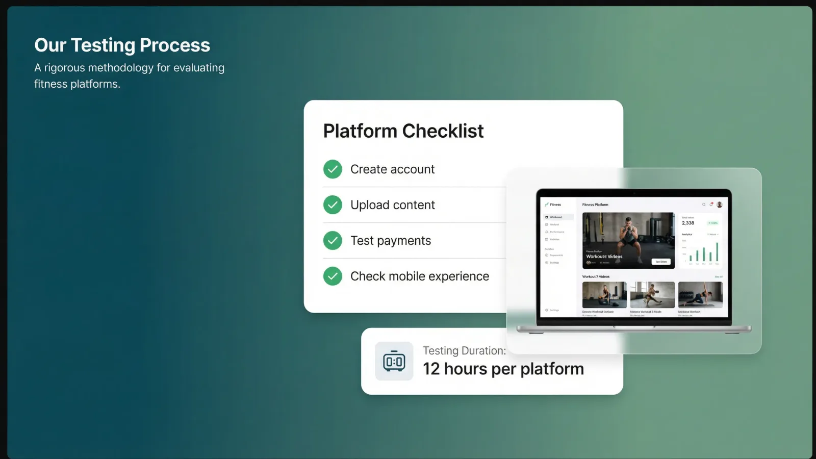 Platform evaluation workflow showing testing checklist, scoring criteria, and top pick selection