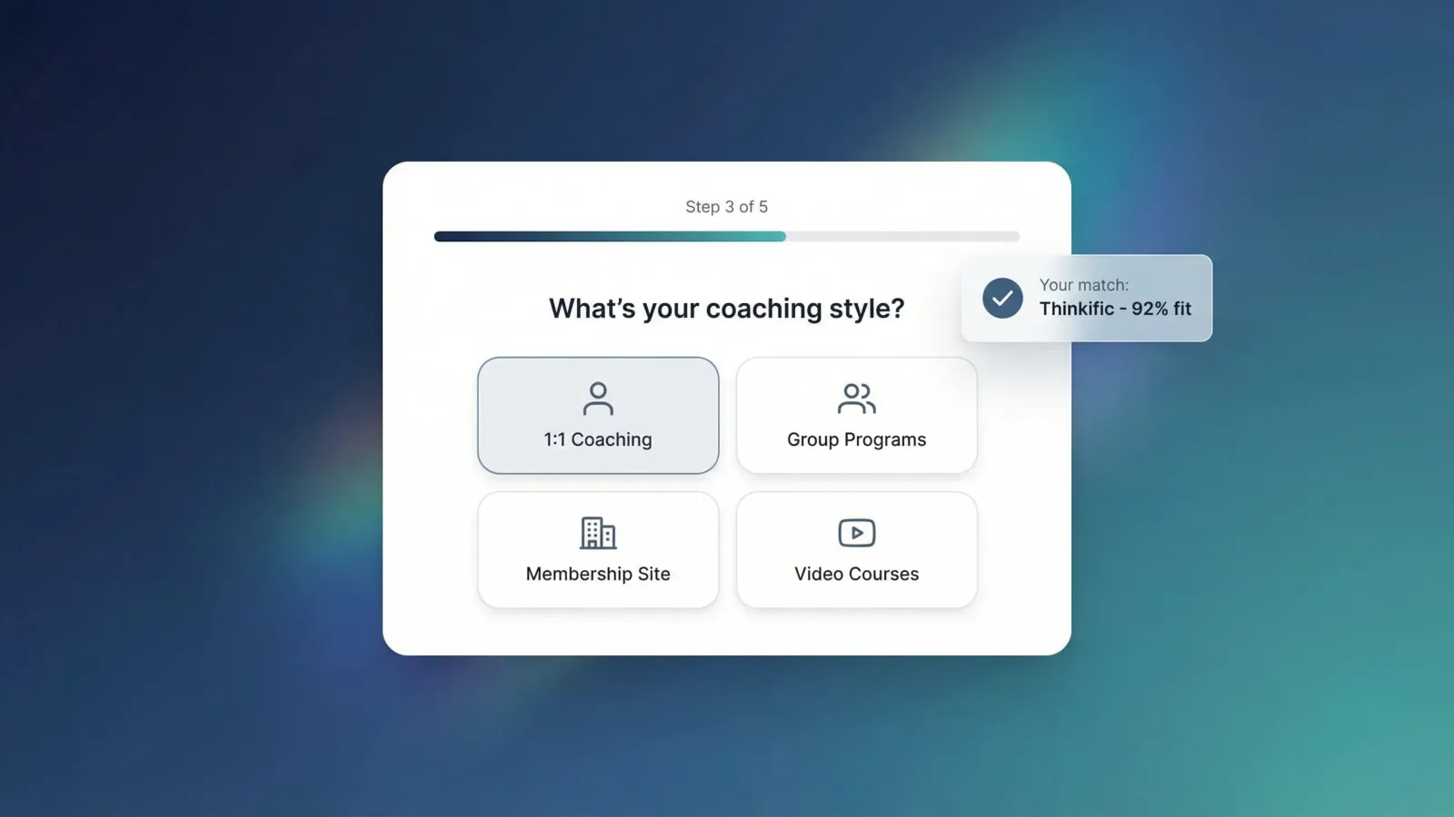 Platform recommendation quiz interface showing coaching type selection and match result