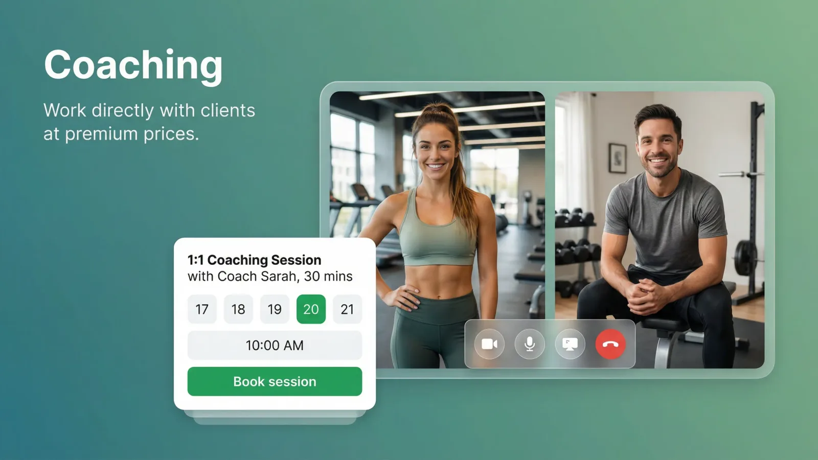 1-on-1 coaching platform interface with video call and progress tracking