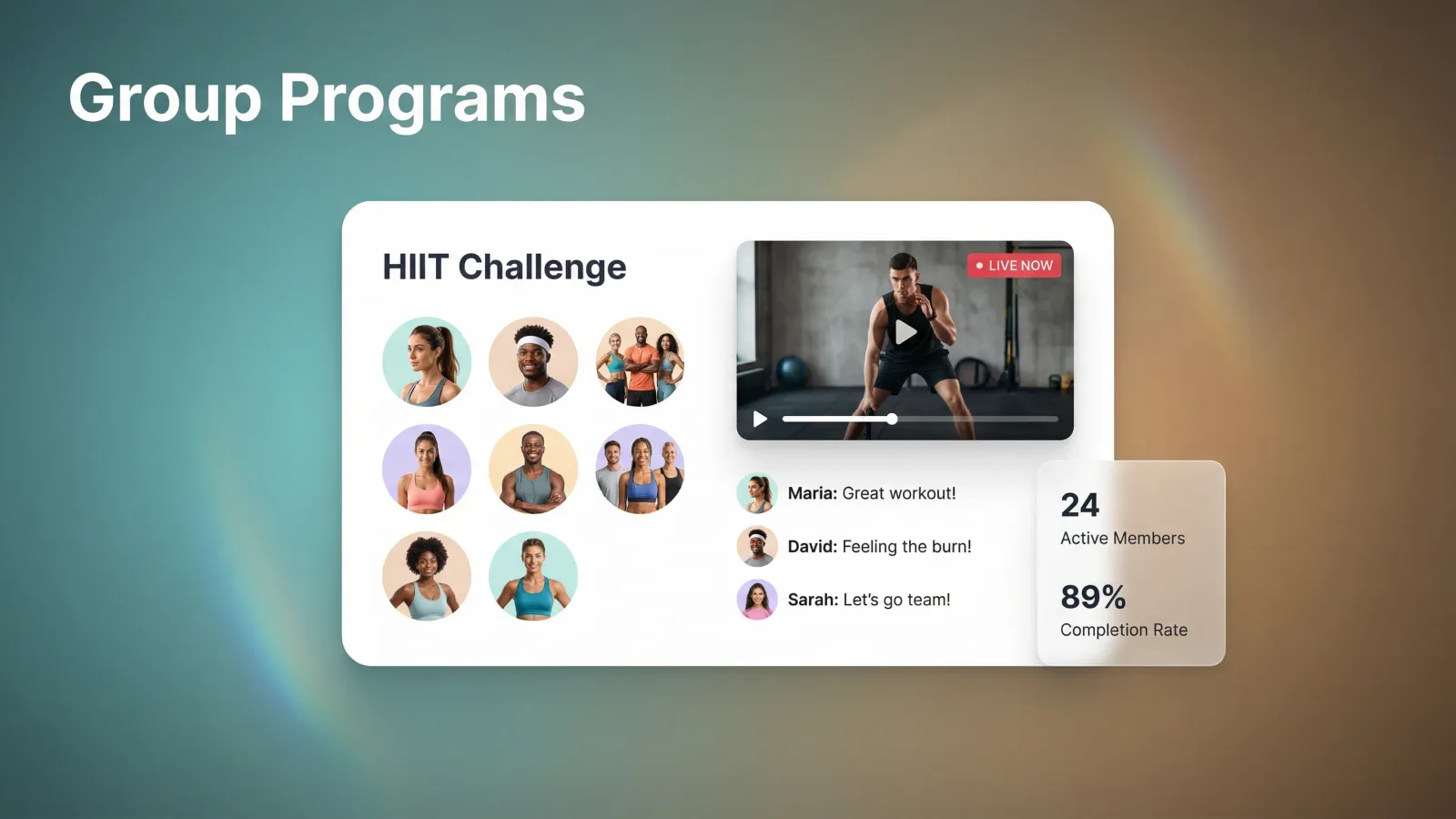 Group coaching platform with live sessions and progress leaderboard