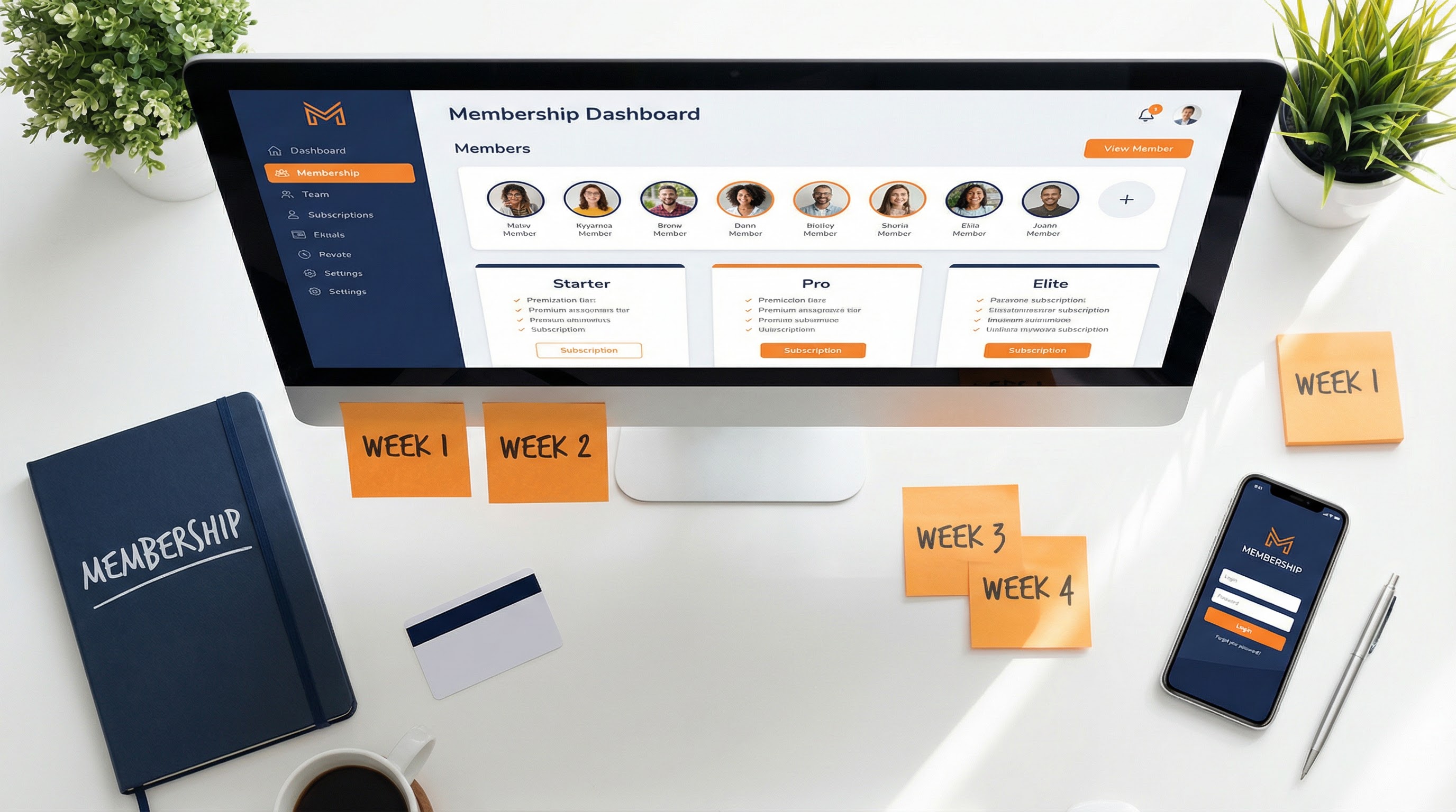 Escritorio plano que muestra el panel de membresía con niveles de suscripción y planificación semanal