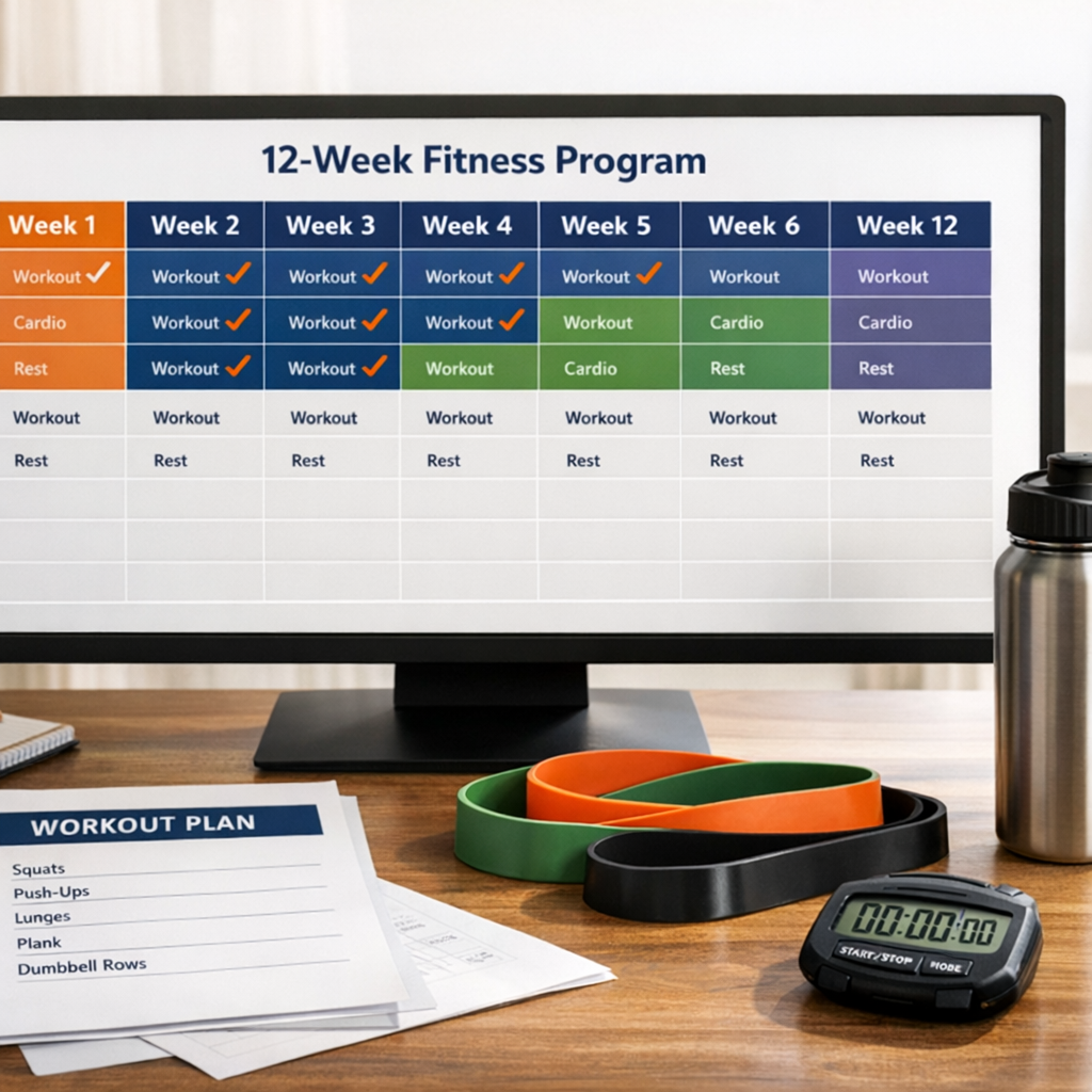 Calendário do programa de condicionamento físico de 12 semanas na tela com plano de exercícios e equipamentos de exercícios