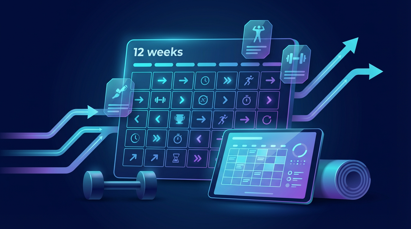 12-week fitness program calendar on screen with workout plan and exercise equipment