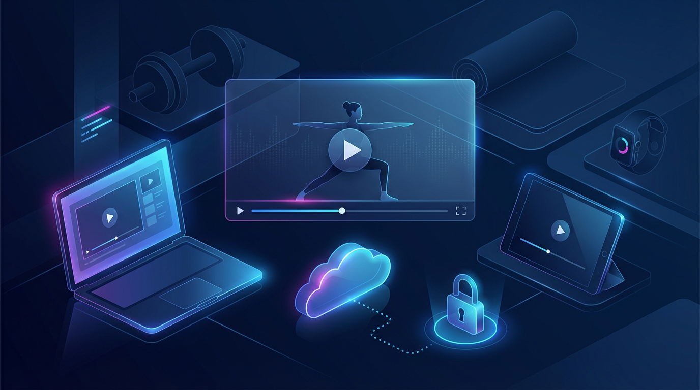 Video studio setup with tablet showing a fitness workout video player