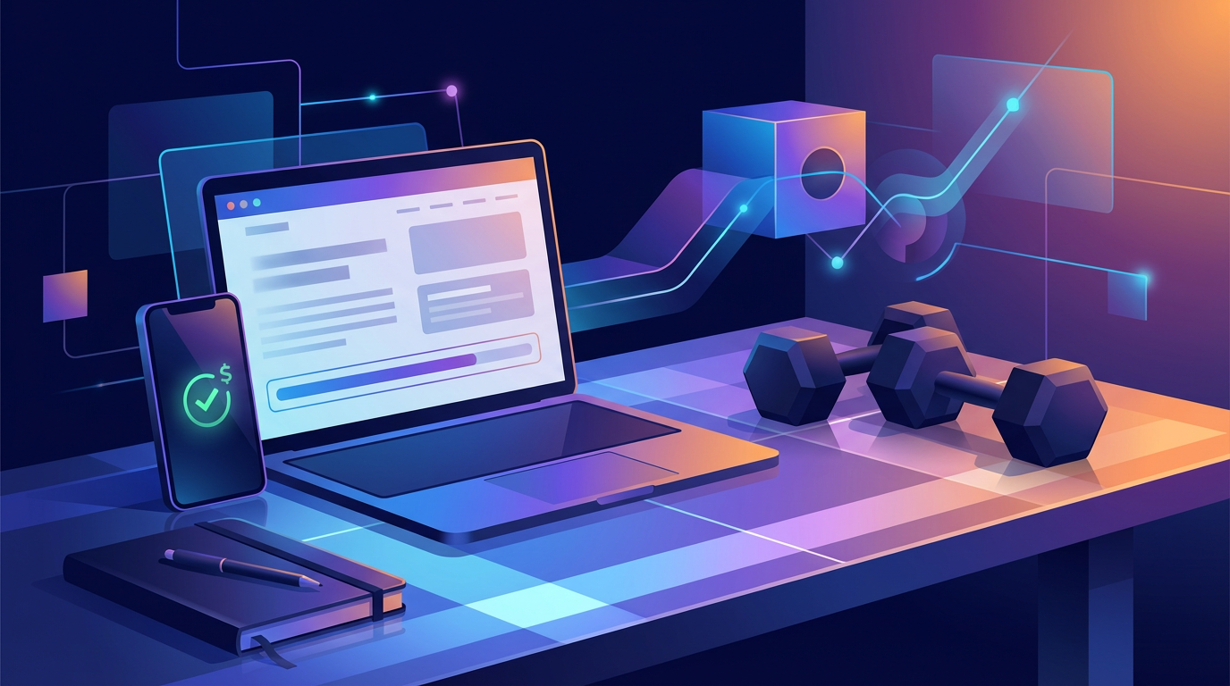 Laptop showing a fitness program sales page with payment confirmation on phone