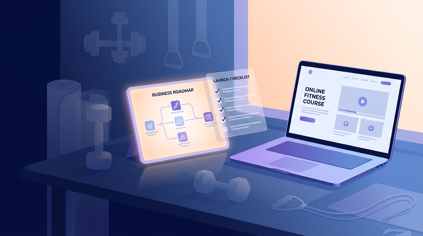 Fitness coach in modern home office with course dashboard and business plan