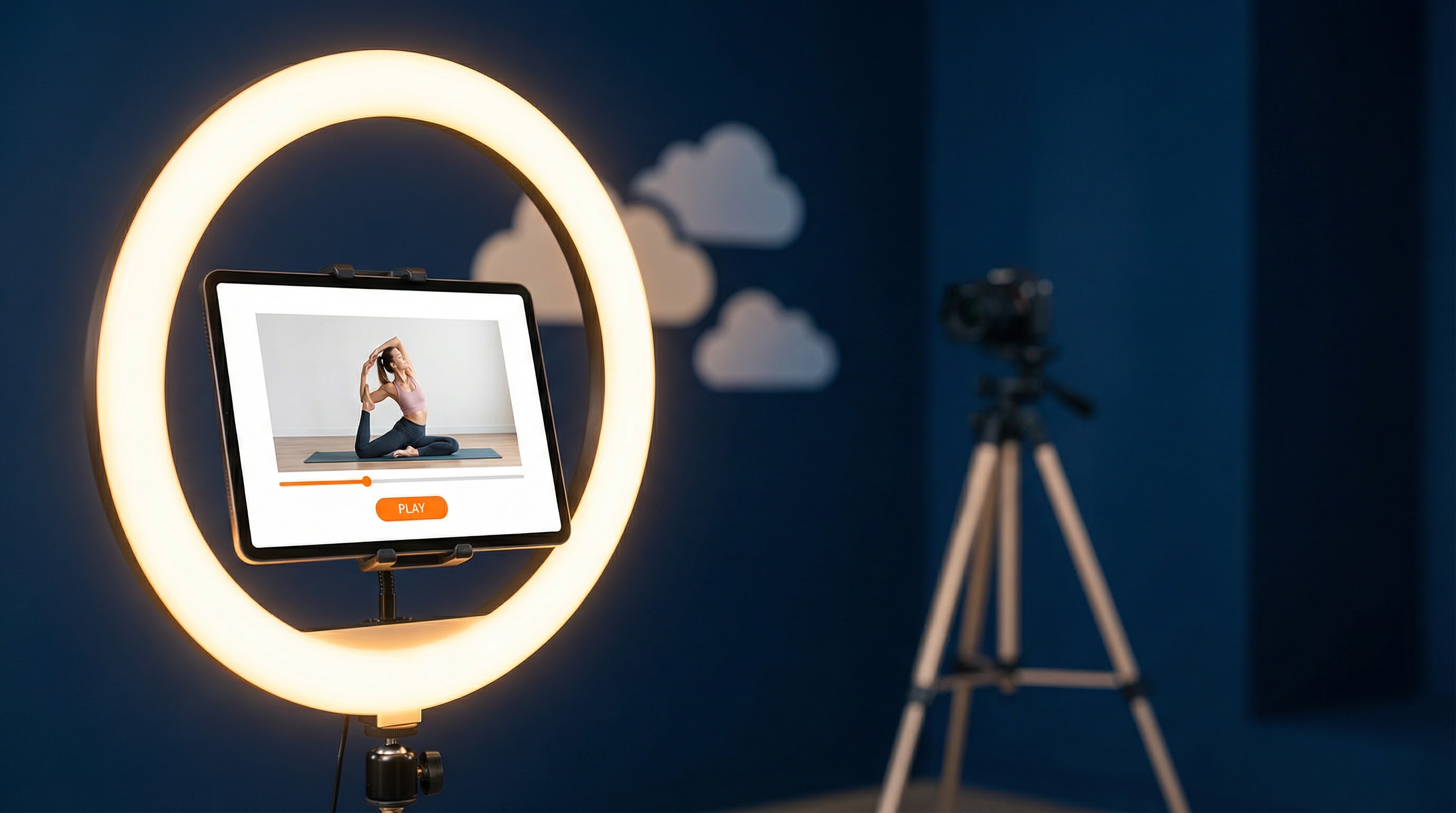Configuración de un estudio de vídeo con tableta que muestra un reproductor de vídeo de ejercicios físicos