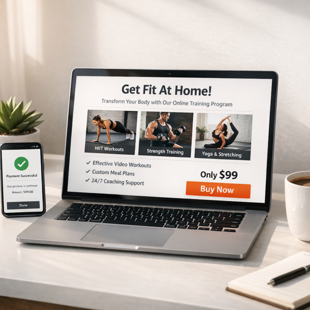 Computadora portátil que muestra una página de ventas de programas de acondicionamiento físico con confirmación de pago por teléfono