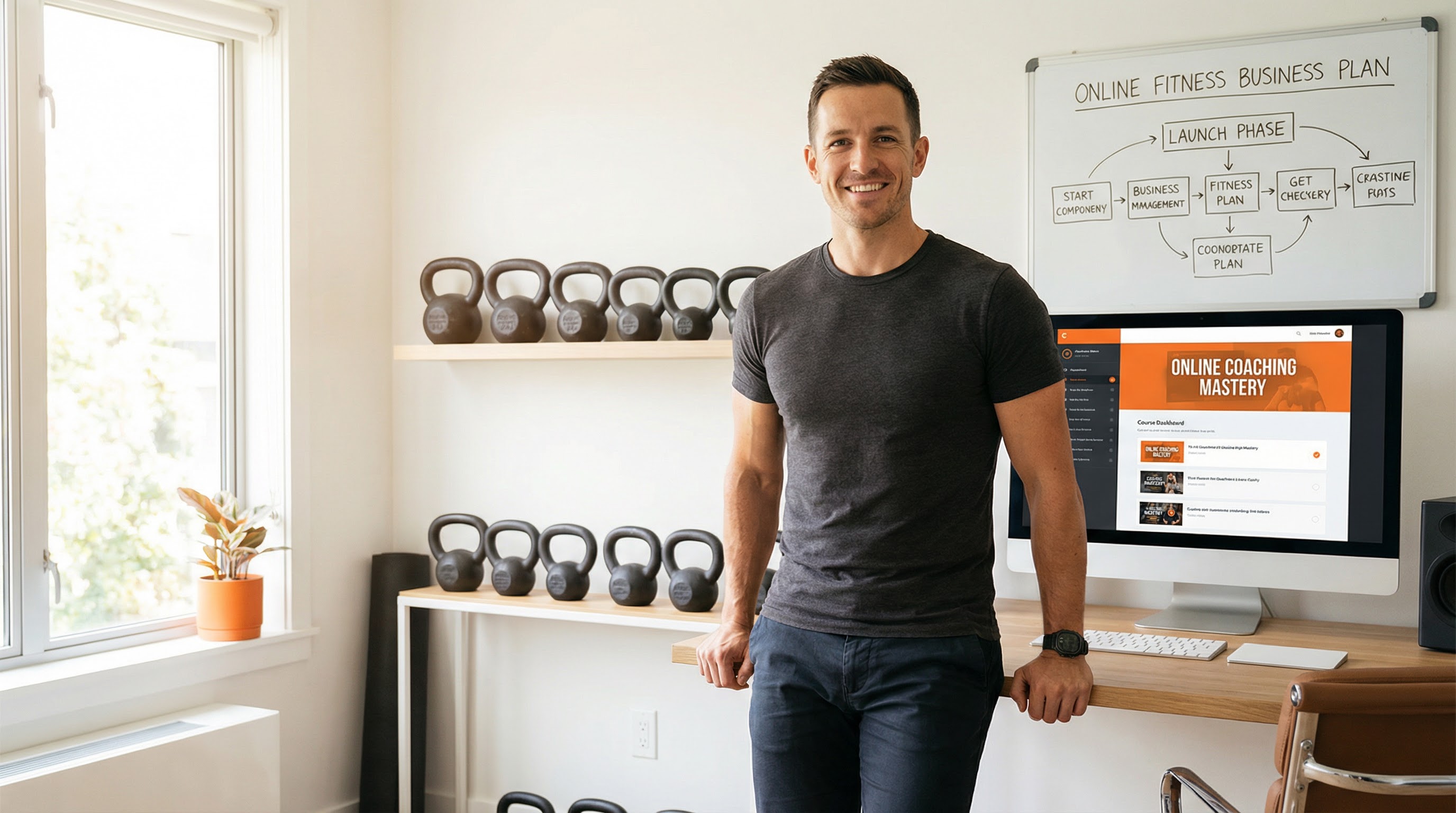 Entrenador físico en una oficina doméstica moderna con panel de cursos y plan de negocios