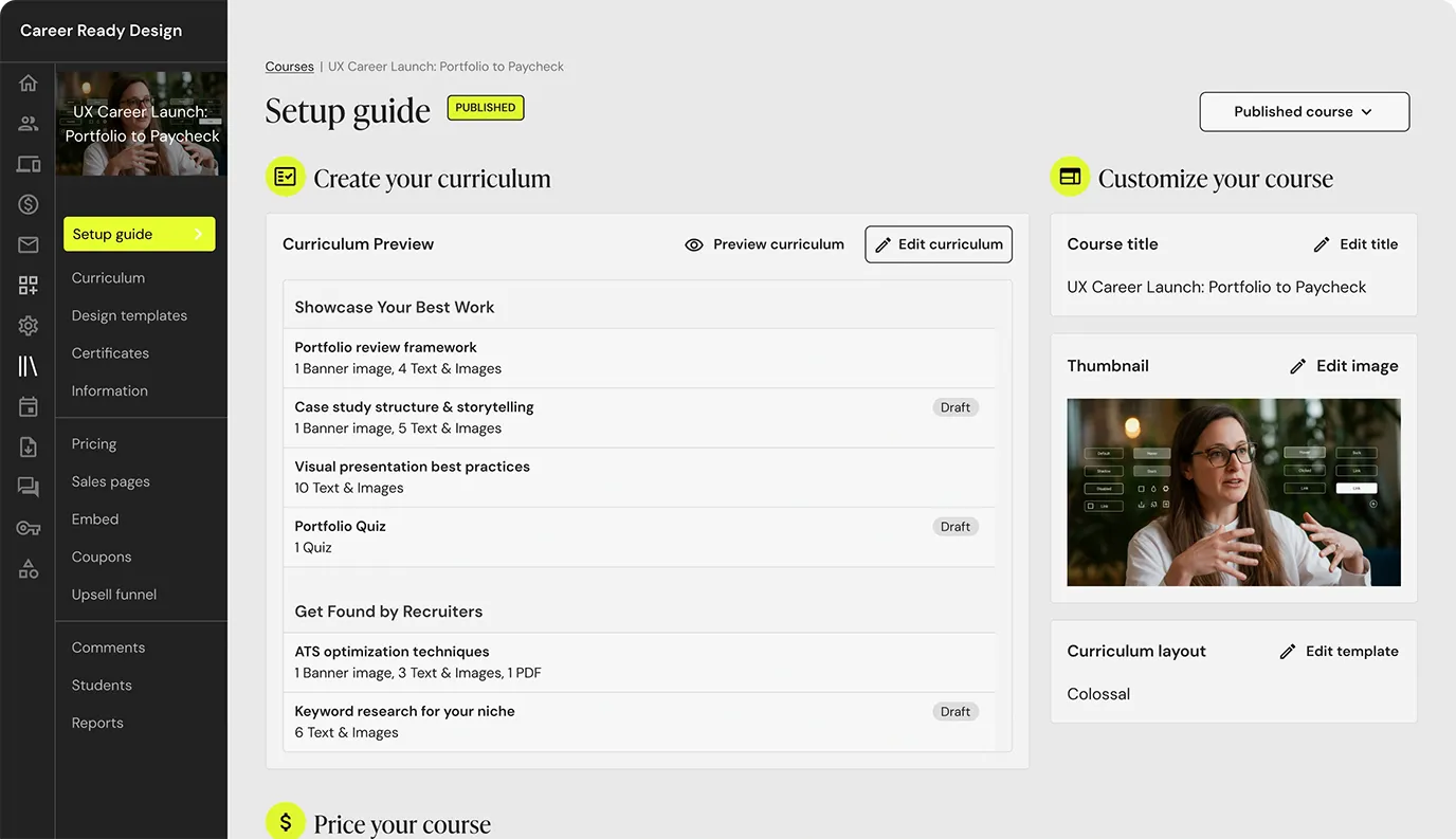 Teachable course dashboard and sales interface